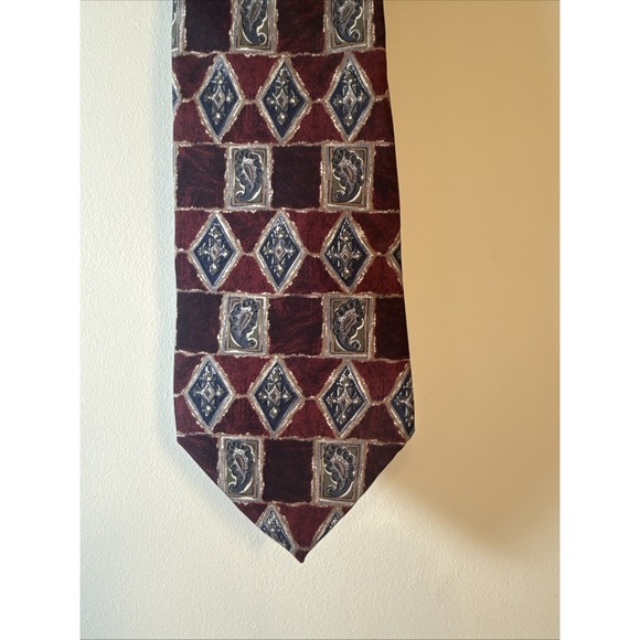Zylos George Machado Neck Tie Adult Mens Red Burgundy Geometric 100% Silk USA - Picture 1 of 4